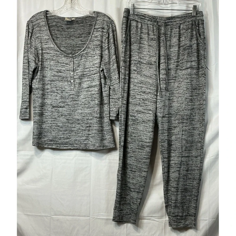 Ink & Ivy Hacci Knit Lounge 2 Pc Set Pullover Top/Pant Pull On Large Gray